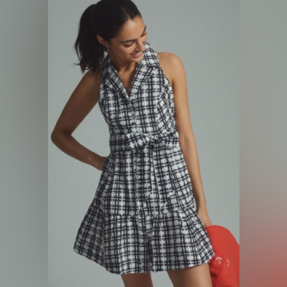 Maeve by Anthropologie Black & White Plaid Mini Flounce Dress size 10